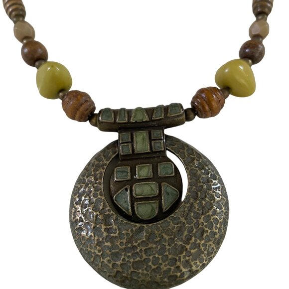 Wood Stone Amulet Choker Necklace Statement Jewelry Tribal Piece u - Picture 2 of 7